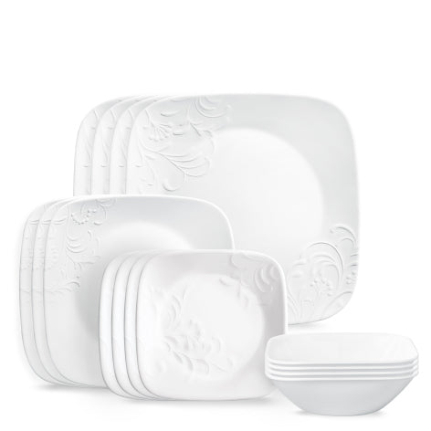 Corelle Cherish Square 16pc Dinner Set- 4 Dinner Plates, 4 Luncheon Plates, 4 Cereal Bowls and 4 Bread