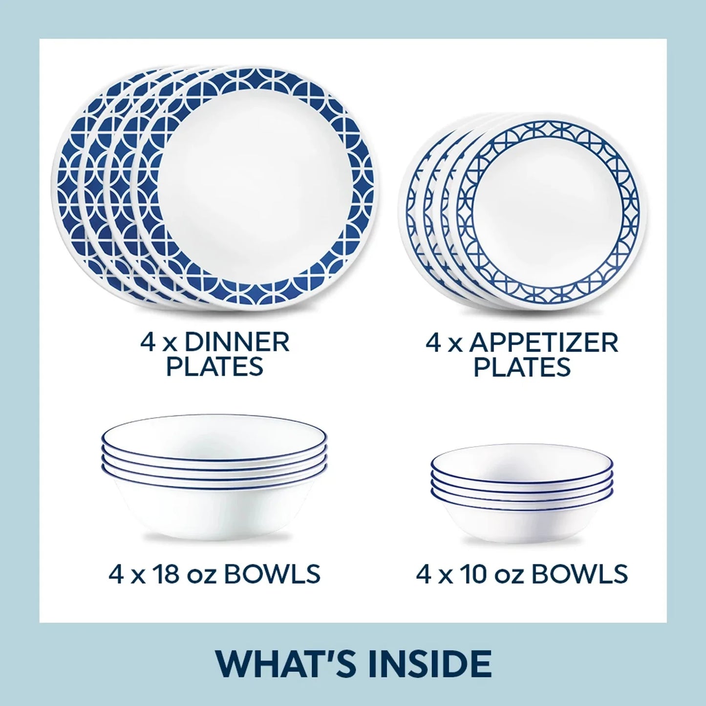 Corelle Cobalt Circles 16pc Dinner Set (No Mug)